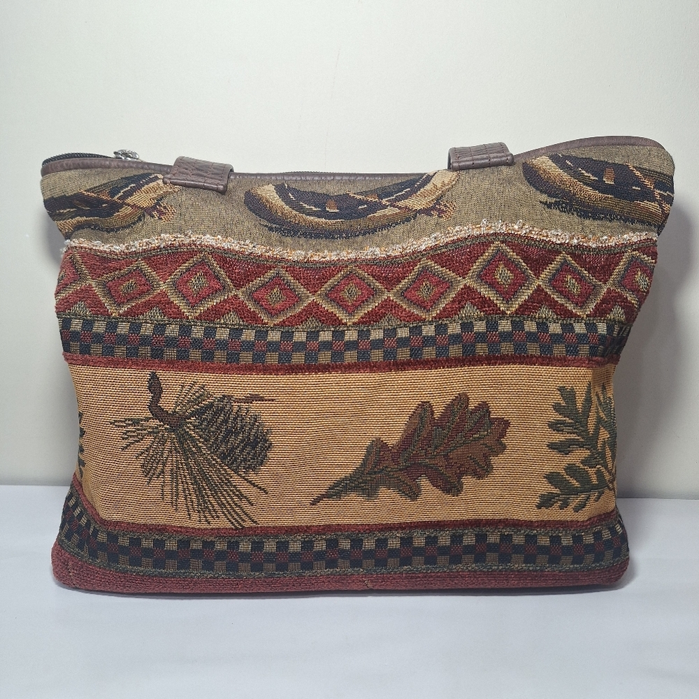 Vintage Canoe & Forest Tapestry Tote Bag Pinecone Woven Leather Shoulder Bag